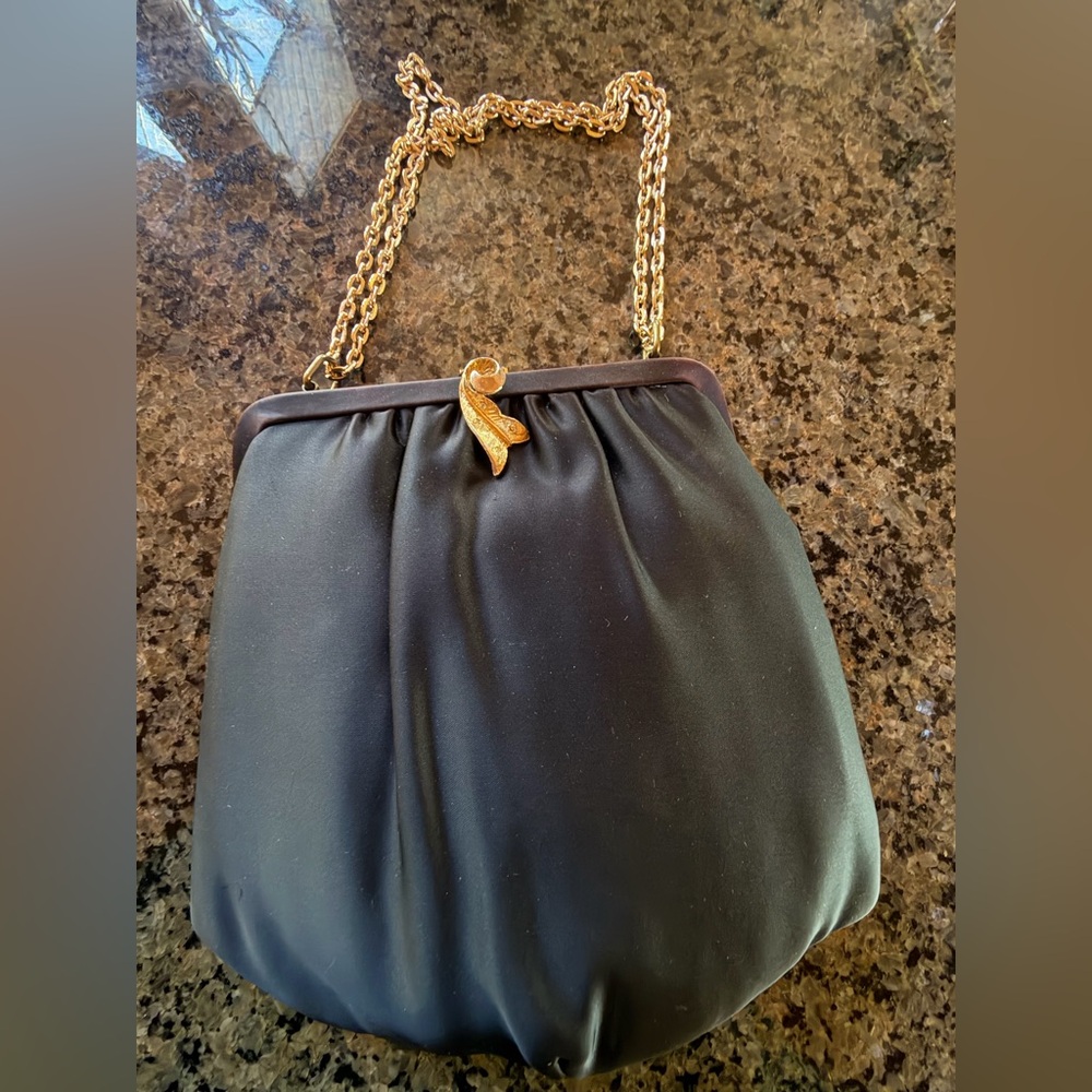 Elegant Vintage Black Satin Evening Bag with Gold-tone Clasp and Chain